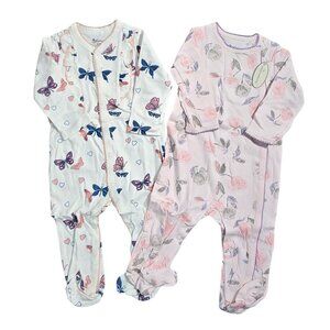 NWT | Minicoco 2-Pair Floral & Butterfly Footed Sleepers | Purple & Pink | 6/9M